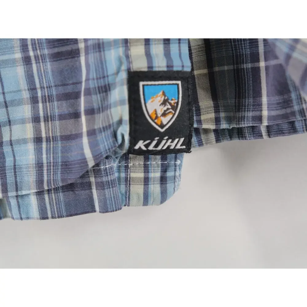 Kuhl Shirt Mens XL Suncel Blue Gray Plaid Button Up Short Sleeve Hiking Outdoors